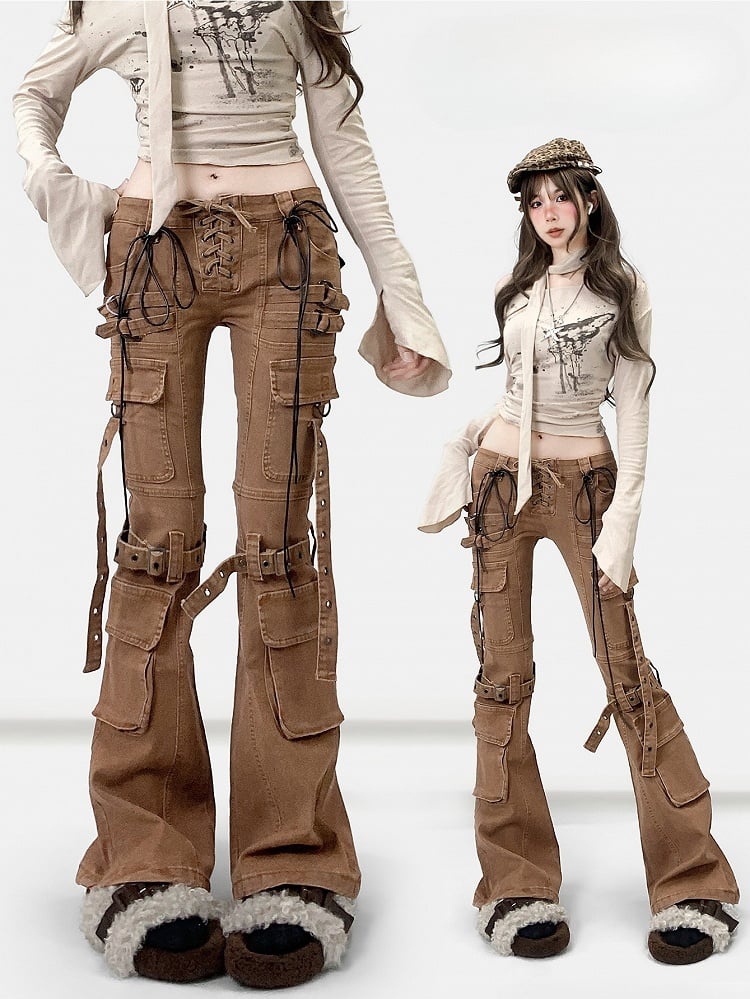 Wasteland Silhouette Flare Lace-up Jeans Punk Detail Brown Coffee