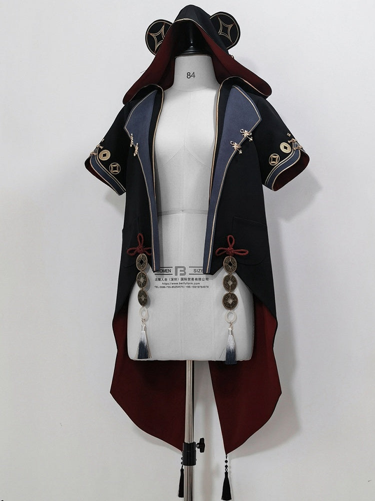 Manteau à capuche en ouji noir avec pièces de cuivre et oreilles de panda