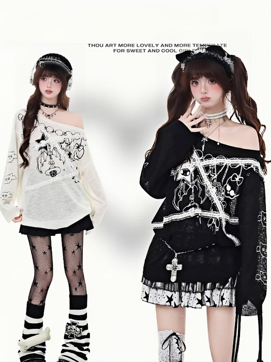 Asymmetrical Neckline Lace Black/White Sun Protection Glamorous Applique Graphic Top