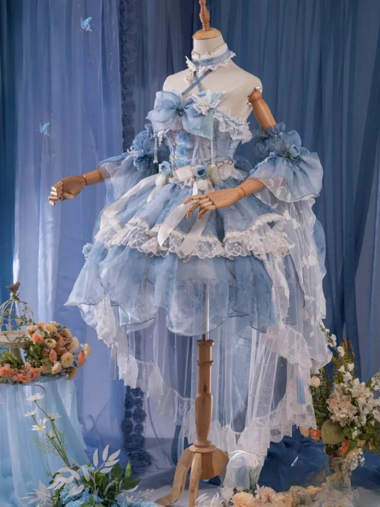 Full Princess Floral Butterfly Set Design Blue JSK Fairycore Lolita Dress