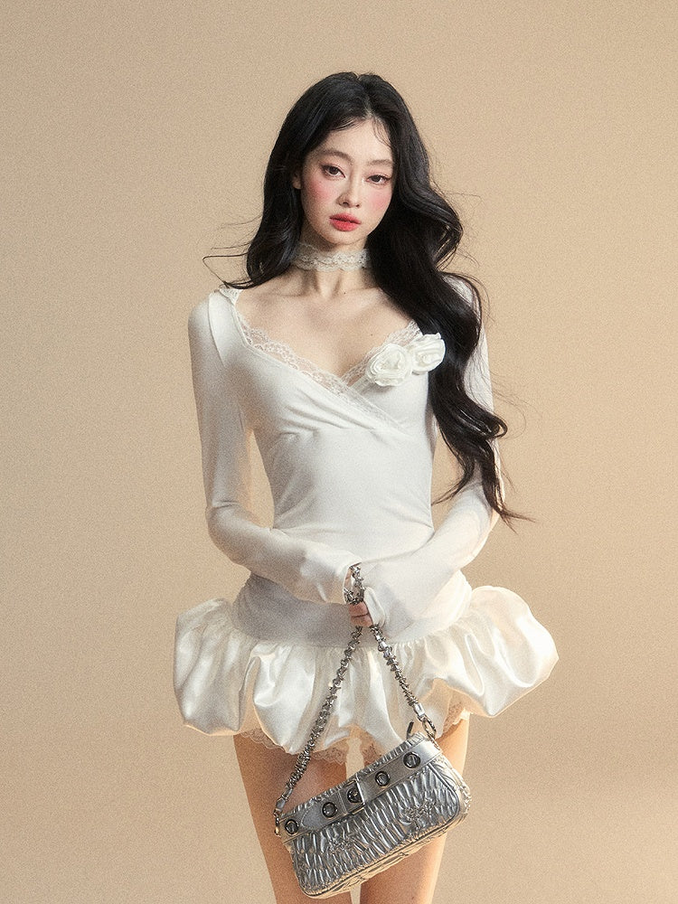 Floral Accents Lace Skirt Mini Bubble Trim White V-Neck Dress Hooded Glamorous