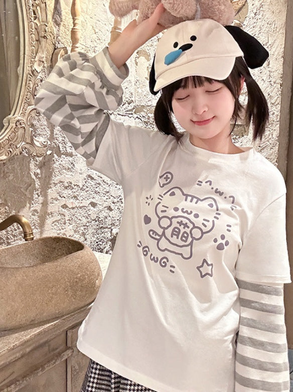 White Kitty Print Striped Long Sleeves T-shirt