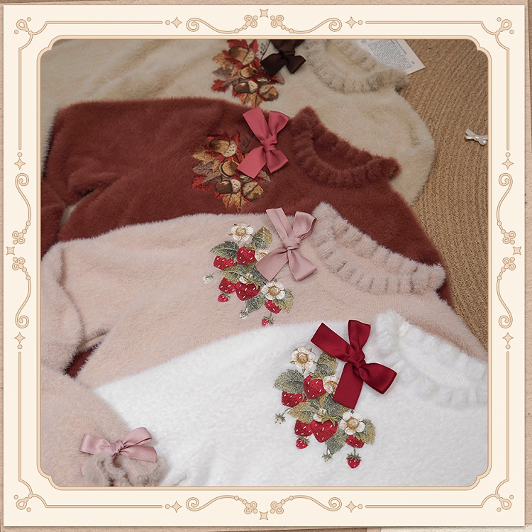on Embroidery Autumn Top Neckline White Cuffs Knit Bowknot Strawberry
