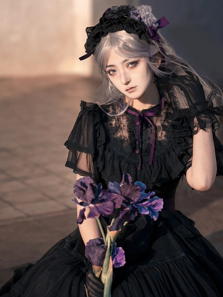 Lolita Butterfly Belt Black Dress Waist Elegant Classic with Sleeves Illusion Neckline Purple Edward