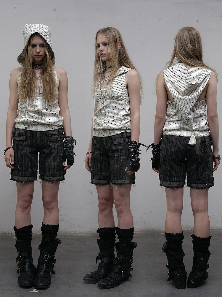 Print Top White Star Pattern Lace-up Sleeveless Hoodie Striped Detail