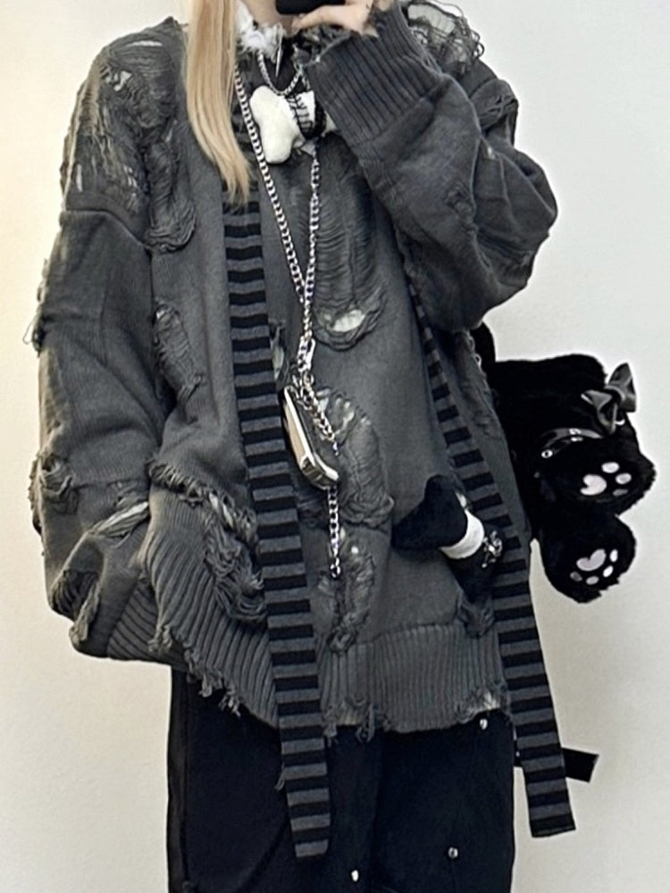 Reversible Gray Distressed Sweater - Cozy Fall/Winter Essential