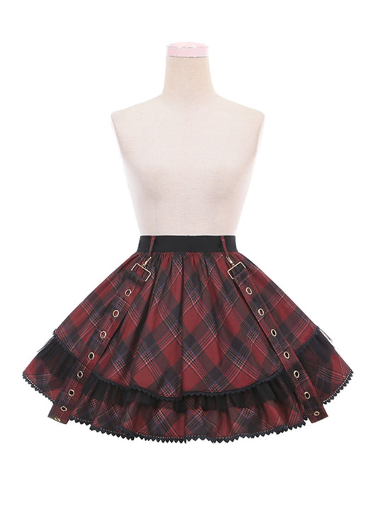 Red Plaid Buckle Strap Thigh-length Idol Lolita Skirt