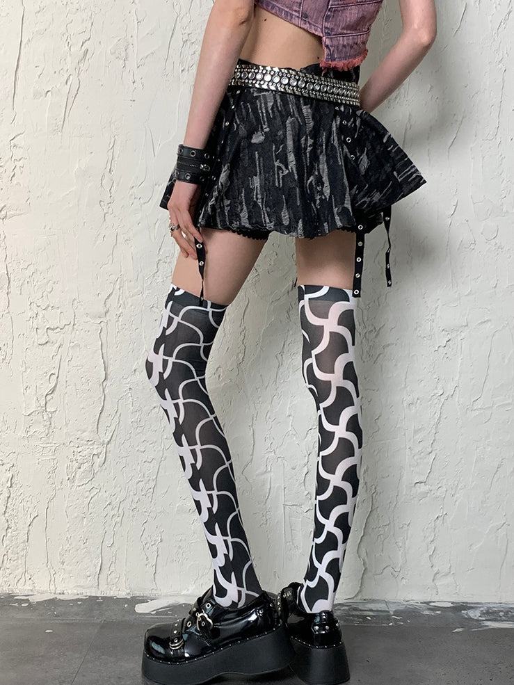 BlackWhite Overknee Y2K Design Asymmetrical Stockings