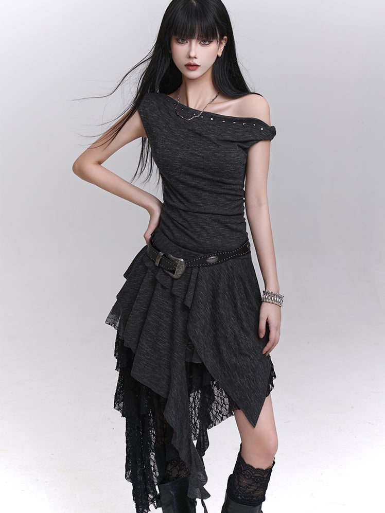 Buckle Studded Asymmetrical Neckline Cascading Ruffles Belt with Dress