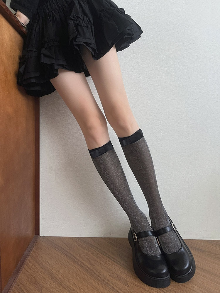 Grey/Black Underknee Details Bowknot Stockings Semi-sheer Light