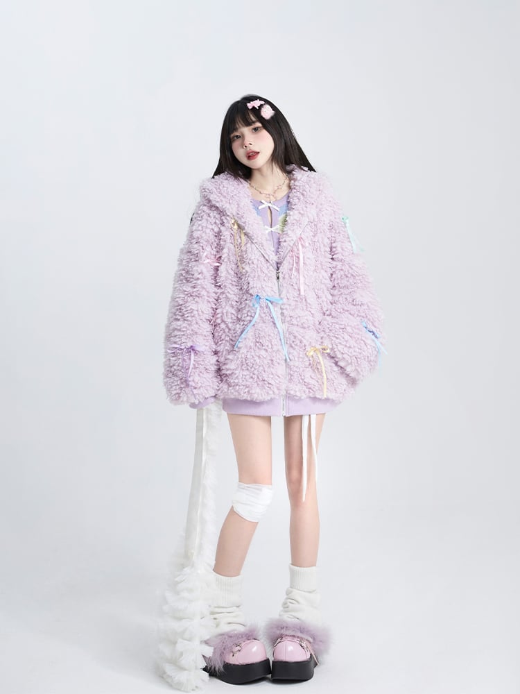 Coat Ribbon Design Zip-Up with Purple Hoodie Bows Plush