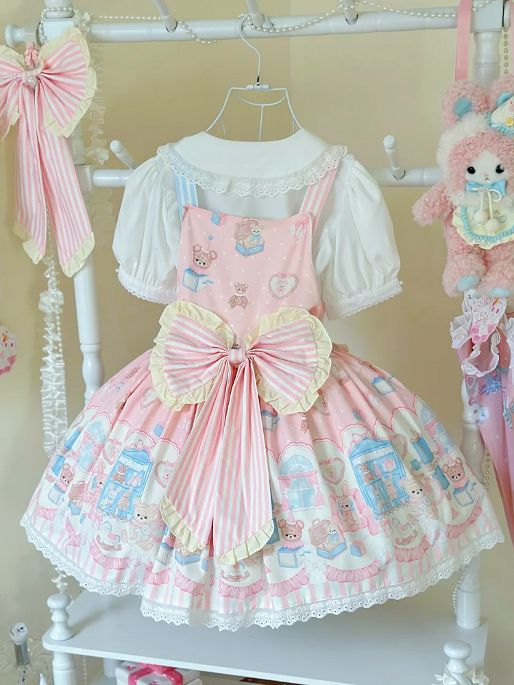 Dress Lolita Print Teddy Toy Pink Plush Overall and Sweet Bunny