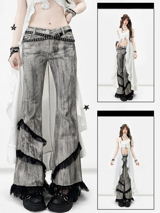 Bittersweet Trim Tie Gray Smoky Dye Jeans Silhouette Lace Flare