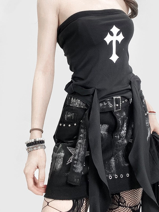 Glamorous Strapless Black Back Top Letter With Bittersweet Cropped Cross Print