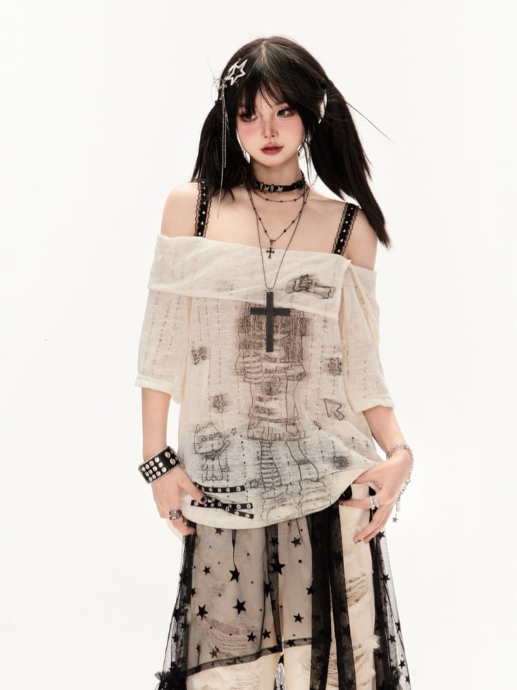 Apricot/Black Off-the-shoulder Criss-Cross Straps Cartoon Girl Print Coverup