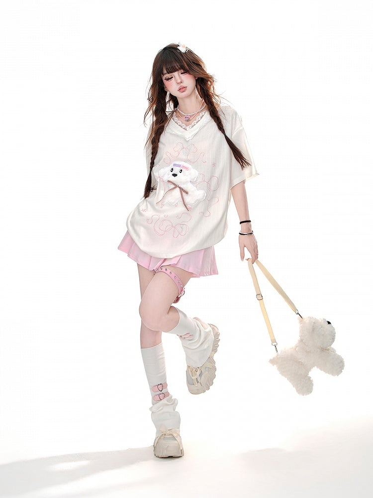 Yume Kawaii Adorable Puppy Weiß/Blau Lockeres T-Shirt
