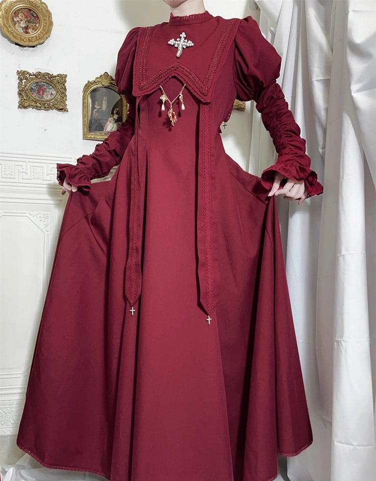 Wein Nonne Outfits Halloween Kleid Ärmel Kreuz Lolita Sammeln Stickerei Rot Juliette