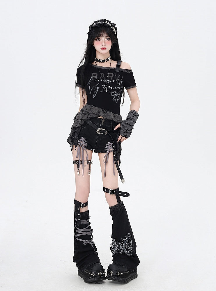 with Leg Hem Denim Shorts Lace-up Details Black Butterfly and Warmers Gray Applique
