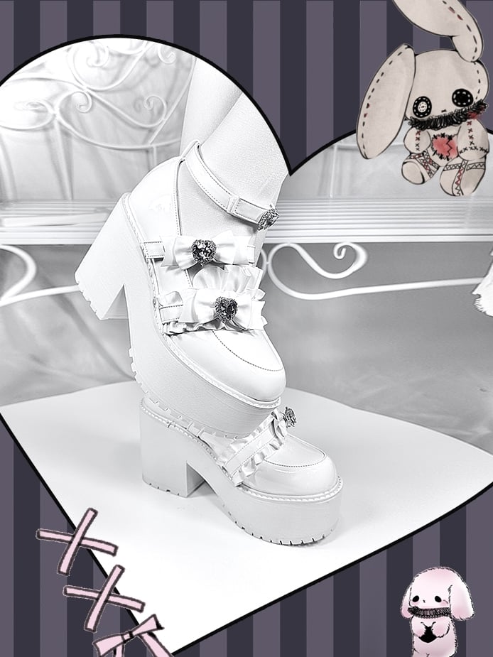 mit Landmine Matte 10cm Absatz Plateau Strasssteine Chunky Glitter Weiß Bowknot Schuhe Stil Herz