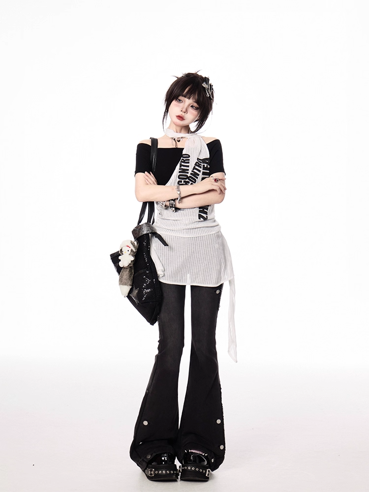 Y2K Black and White Letter Two-pieces Print Halter T-shirt