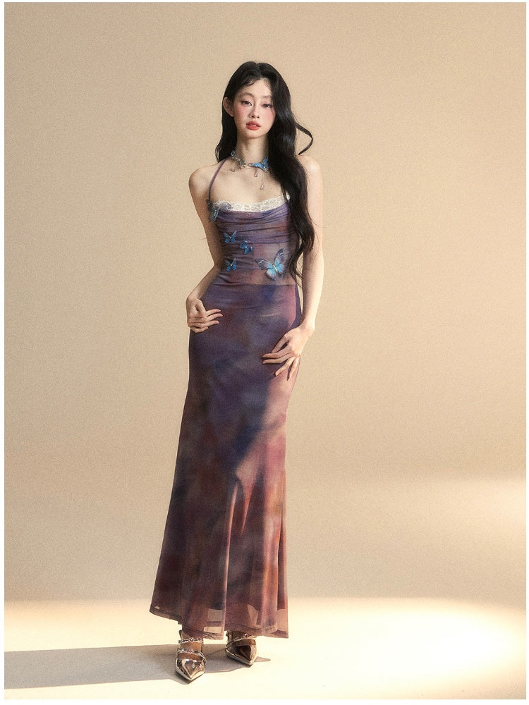 Accents Halter Purple Slip Dress Patches Butterfly Lace Neck Glamorous