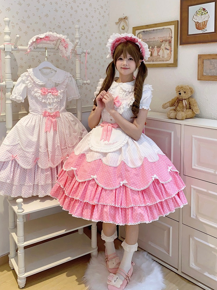 Lolita Old School Pattern Dots Pink Polka and Stripes Jumper Dress Skirt