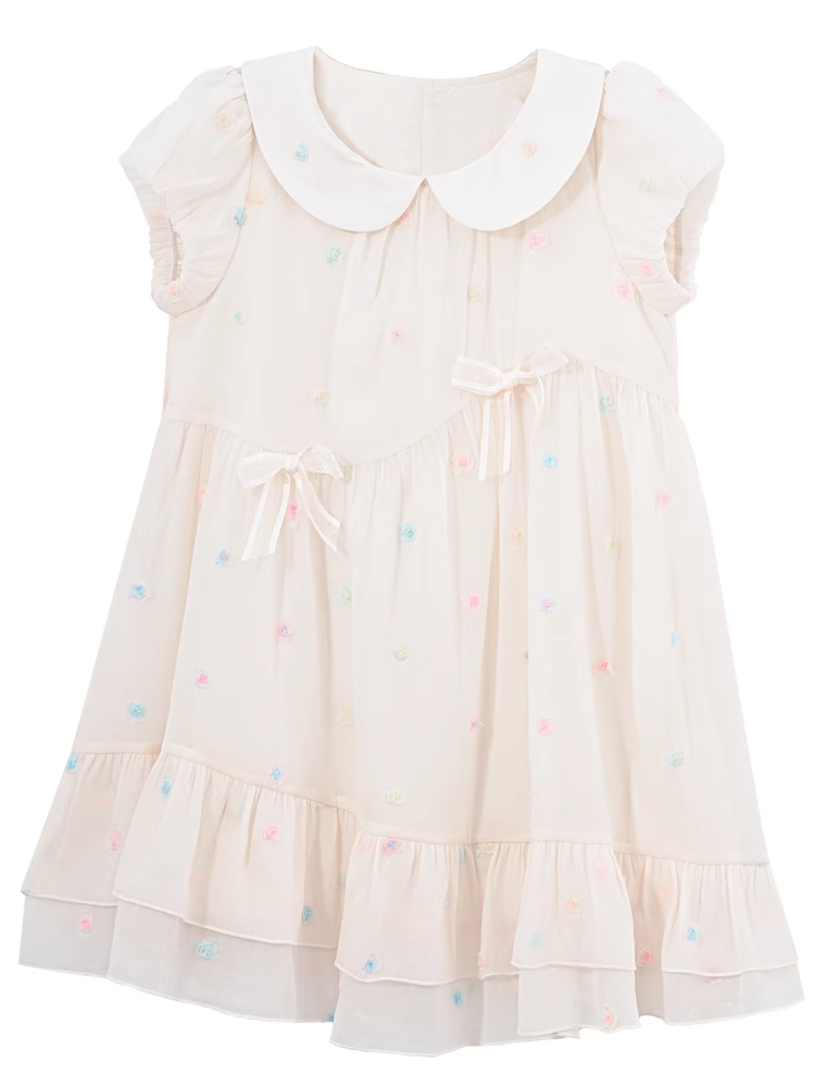 Pattern Colorful Polka-dot White Peter Pan Collar Puff Sleeves Chiffon Dress