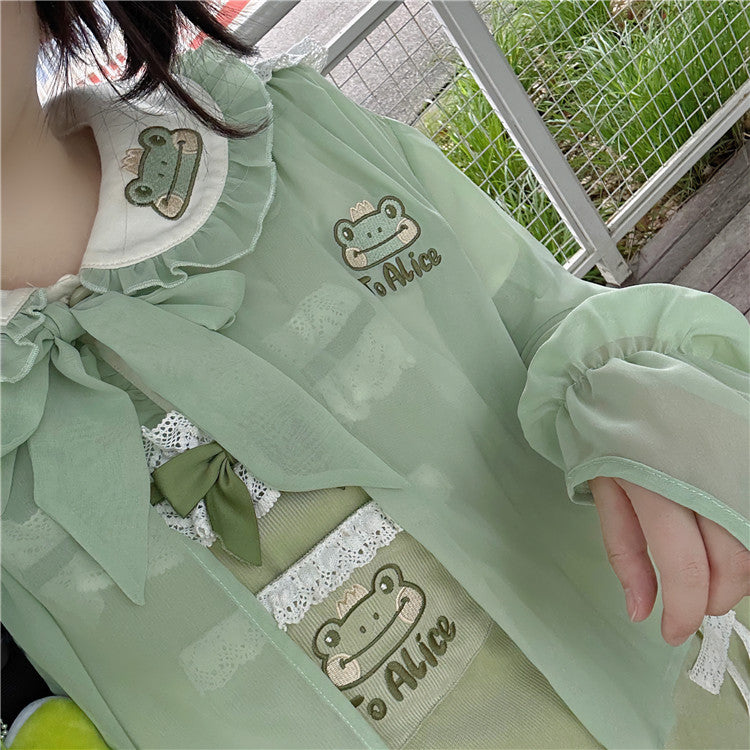 Semi-sheer Frog Hood Sun Protection Top Light Green Chiffon