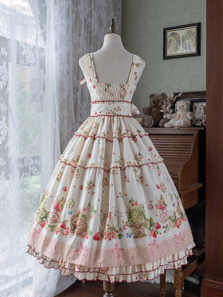 Floral Pink Hemline Lolita Fashion Dress Bunny Print House Strawberry and