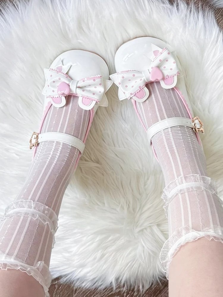 PU Pink Sweet Cute Low-heel Bear-Themed in Janes Mary Lolita White