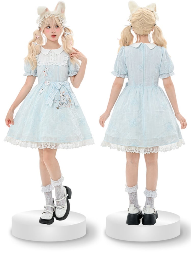 Embroidery Blue Puff Sleeves Dress in Wonderland Vibes Bunny Alice