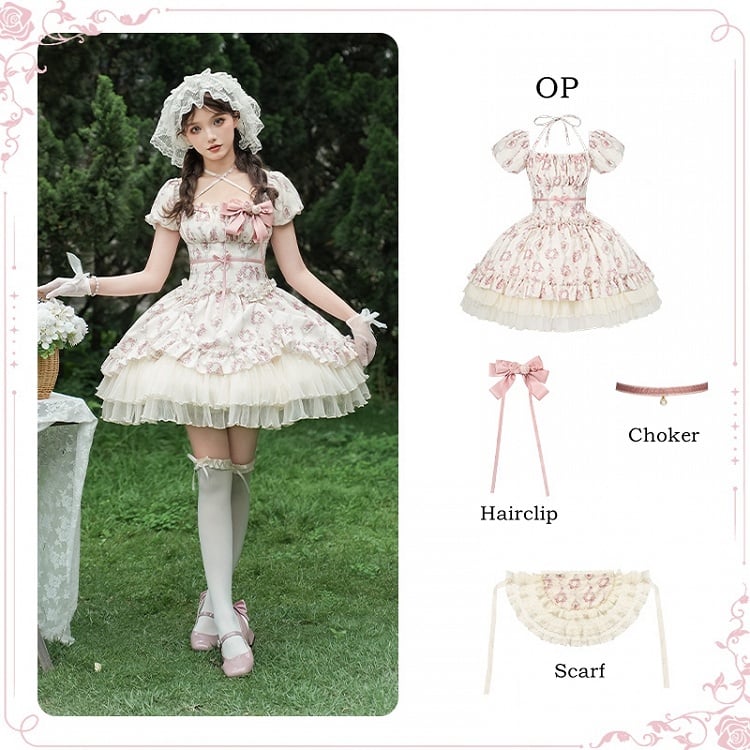 Full Version Rosette Short Classic Square Set Lolita Elastic Neckline OP Print