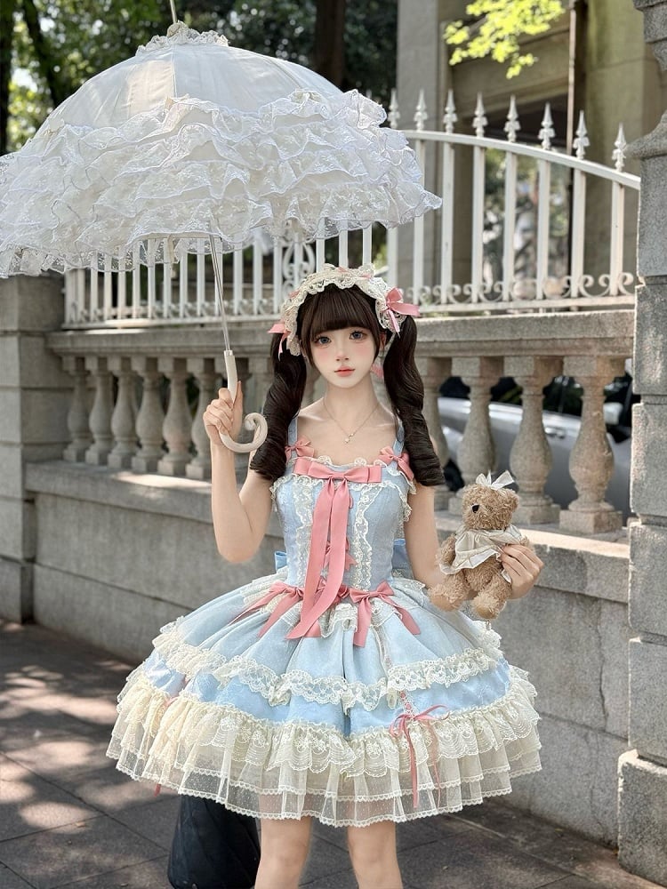 Jumper Bowknots Sweet Dress Decorated Blue Lolita Balletcore Skirt