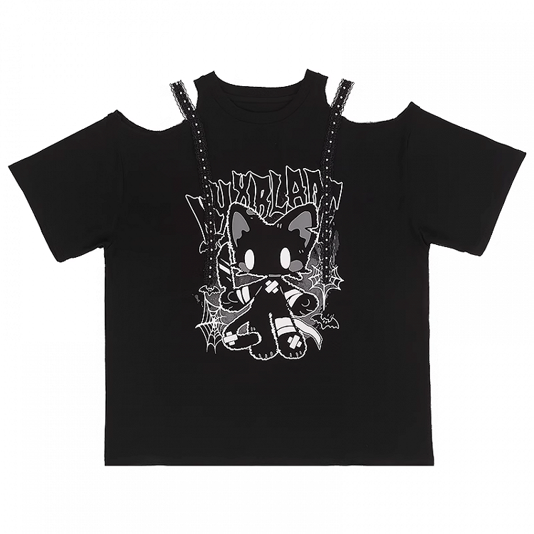 Cat Print Loose T-Shirt Y2K Black Cutout Shoulder Bittersweet
