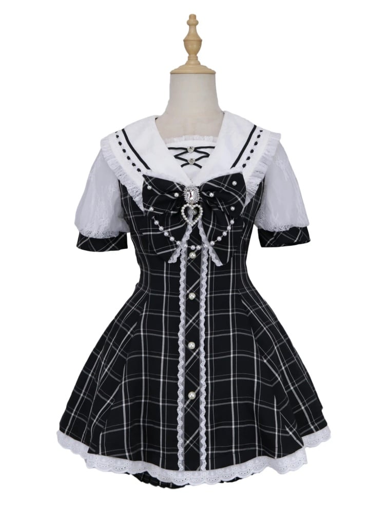Plaid Bow Mini Dress + Ruffled Back Black Shorts Sailor Collar Self-tie Hem Jirai Kei Set