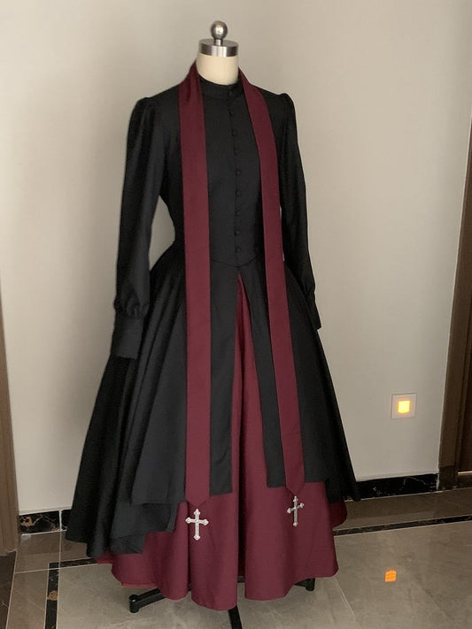 Kleid mit langen Ärmeln und Nonnenärmeln Lolita Rot Schwarz