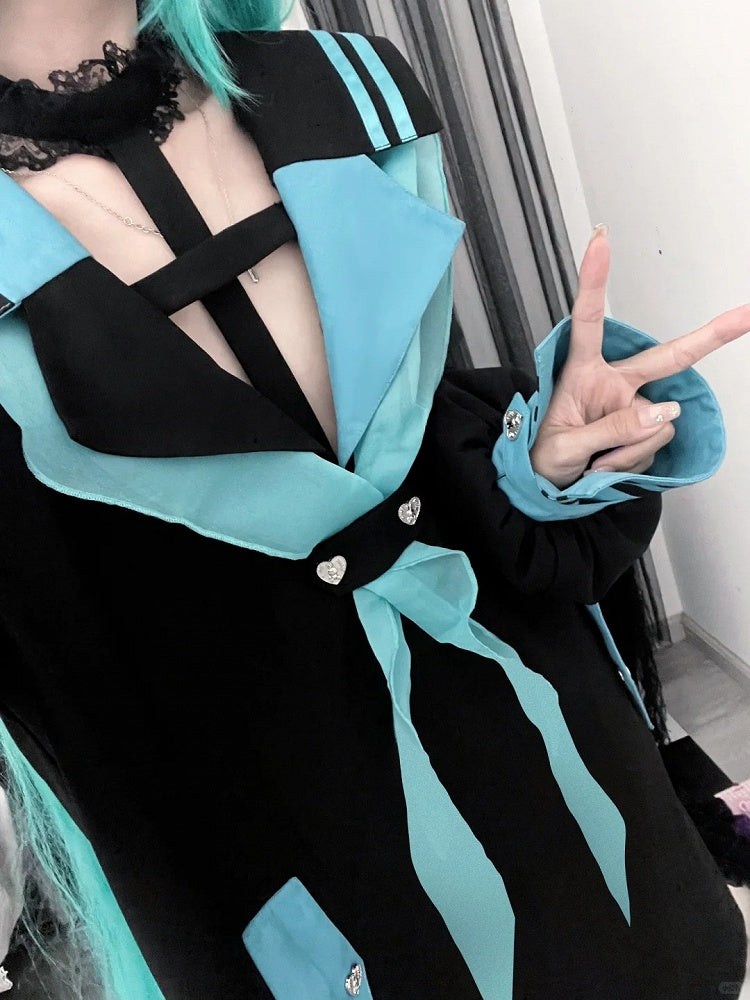 Style Landmine Black Futuristic Sailor Collar Cross Halter Neck Long Top with Contrast Green