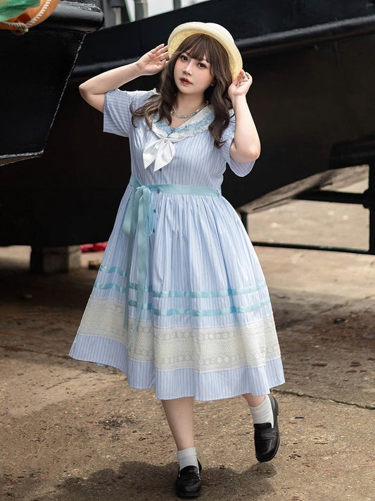 Sailor Pattern Available Plus Blue Lolita Dress Sizes Sea Collar Jacquard Summer Striped Shell