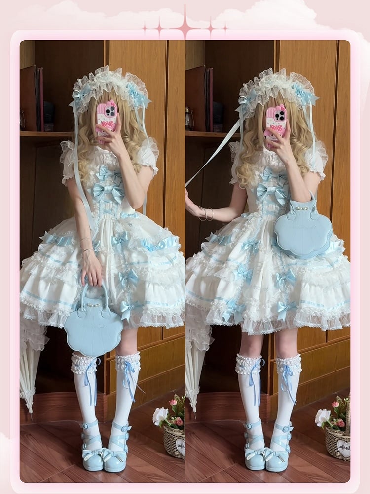 Sweet Princess Blue Bow Skirt and White Jumper Accents Lolita
