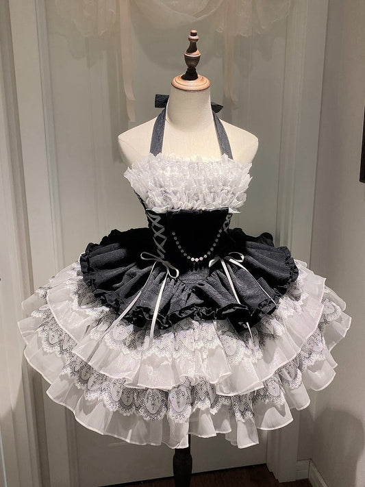 Balletcore Black Halter Dress Neck White Princess and Lolita