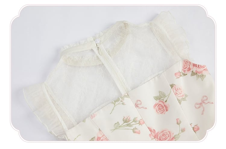 Dress Pink Print Rosette White Illusion Lolita Summer Neckline