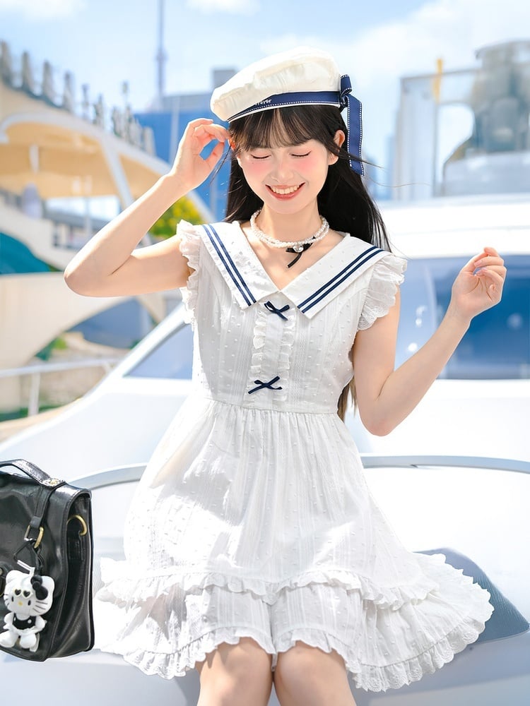 Trim Tiered Skirt Sleeveless Dress Contrast White Sailor Collar Flutter Sleeves Blue