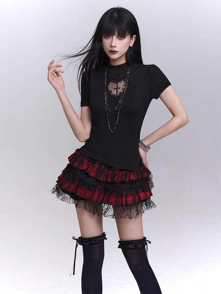 Trim Lining Red and Black Plaid Elastic Waist Lace Mini Tiered Skirt Bloomers
