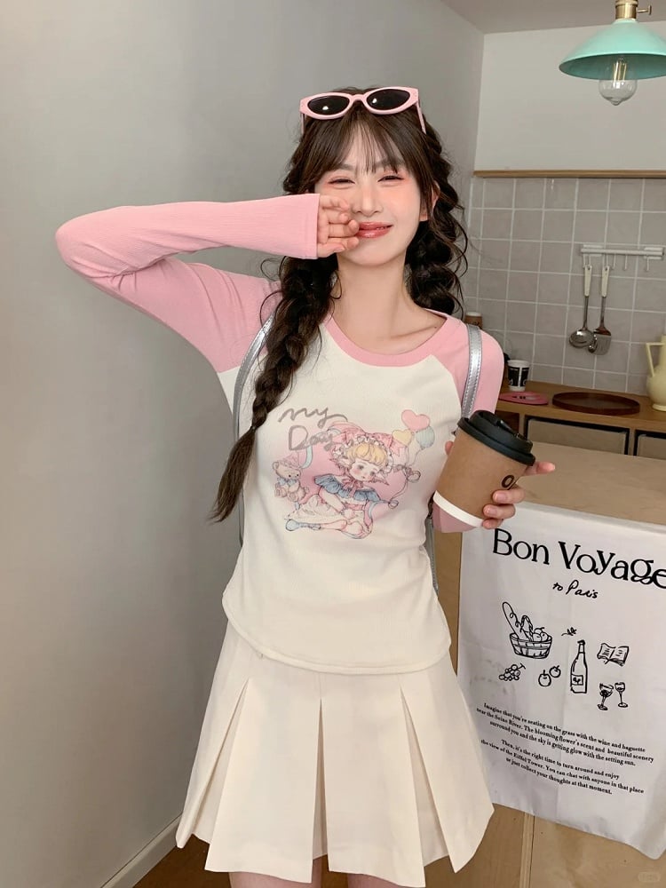 Top and Pink Slim-fitting Cartoon Girl Print Apricot Colorblock Design