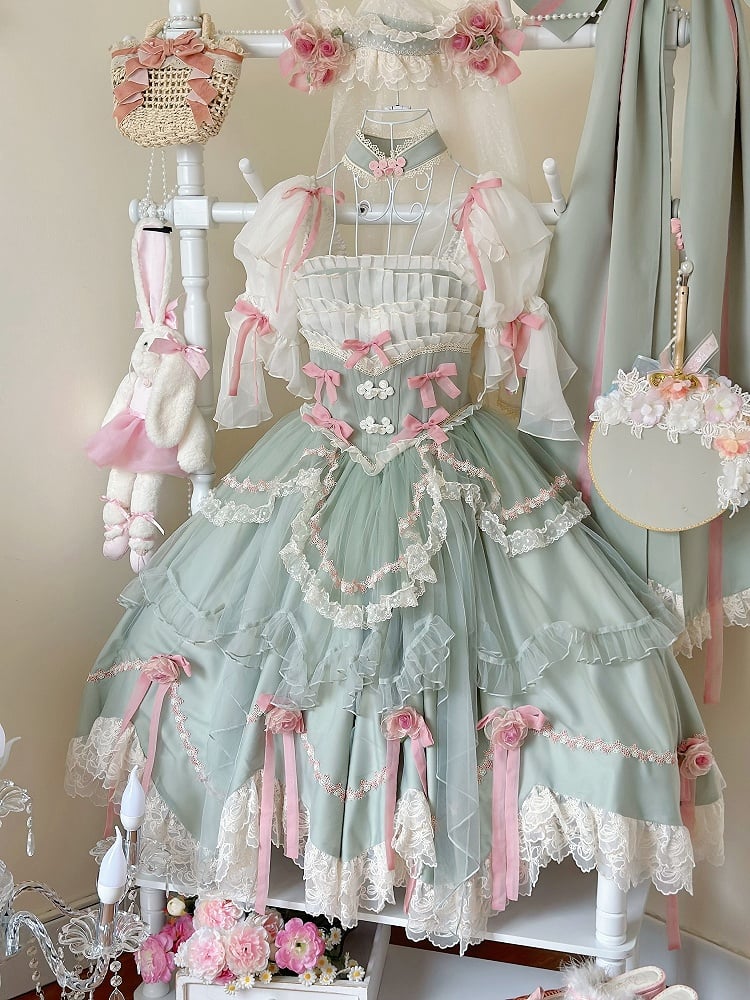 Grünes Baskenhemd mit floralen Schleifen und Hanayome-Lolita-OP / Komplettset