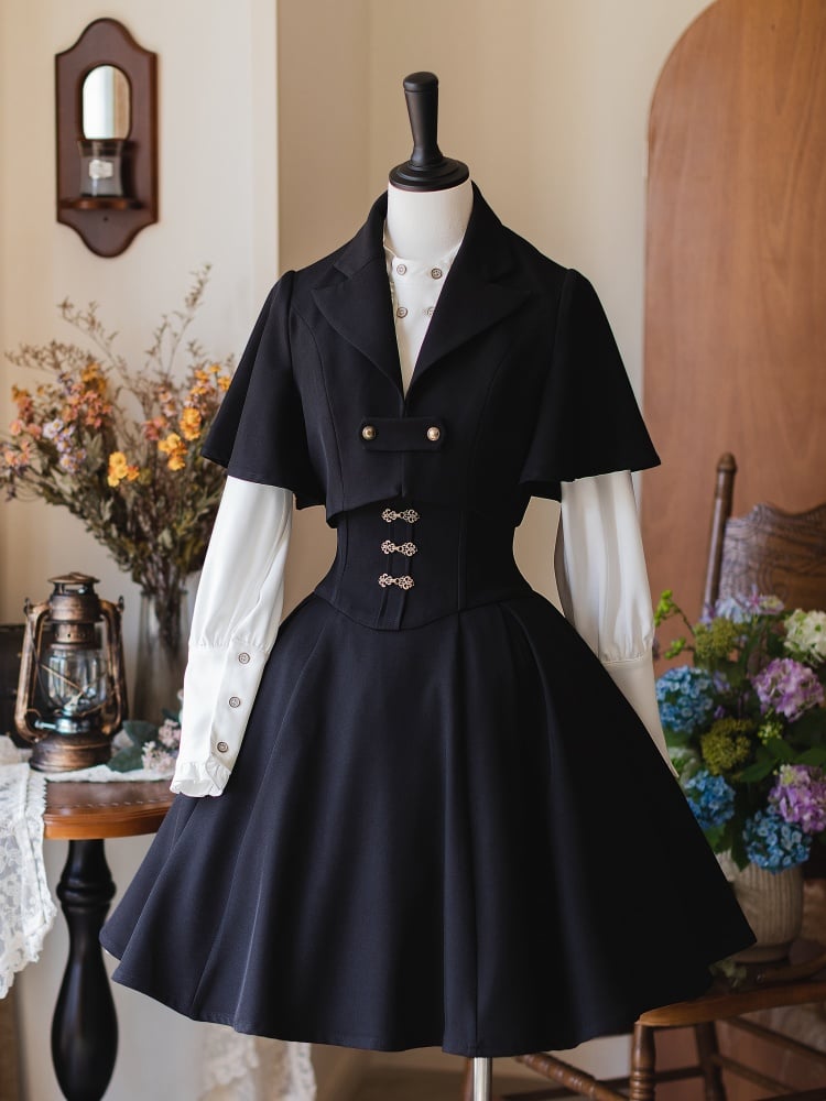Vintage Black Short Version Boned Corset Belt High Waist Skirt with Detachable Halter Strap