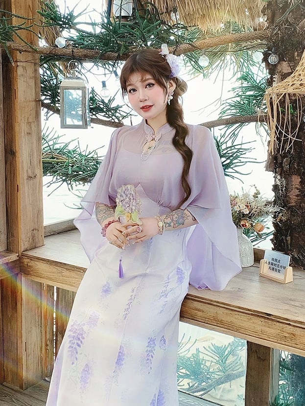 Qipao Design Dress Plus Size Cheongsam Style Purple Print Cape Wisteria
