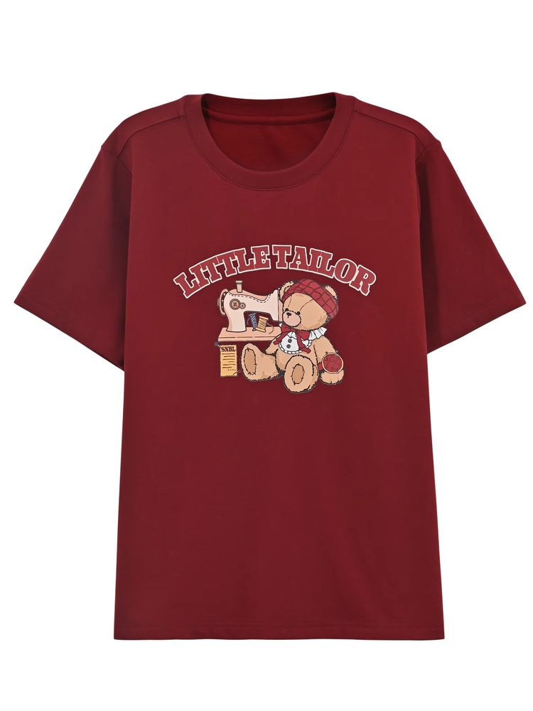 Neck Loose Cartoon Bear Print Wine Red Round T-shirt