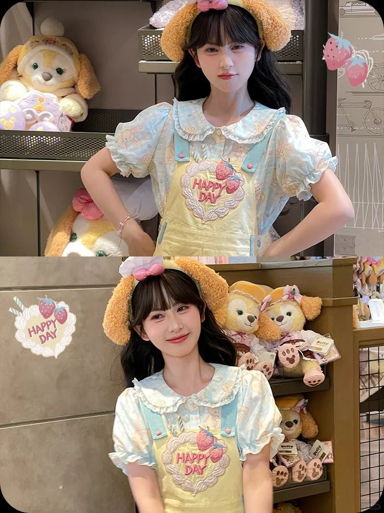 Strawberry Embroidery Yellow Box Pleat Overall Dress Sweet