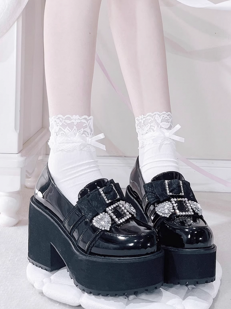 Jirai 10cm Pointed-Toe Loafers Polished Black Rhinestone Kei in Bow Platform with Heel Sweetheart